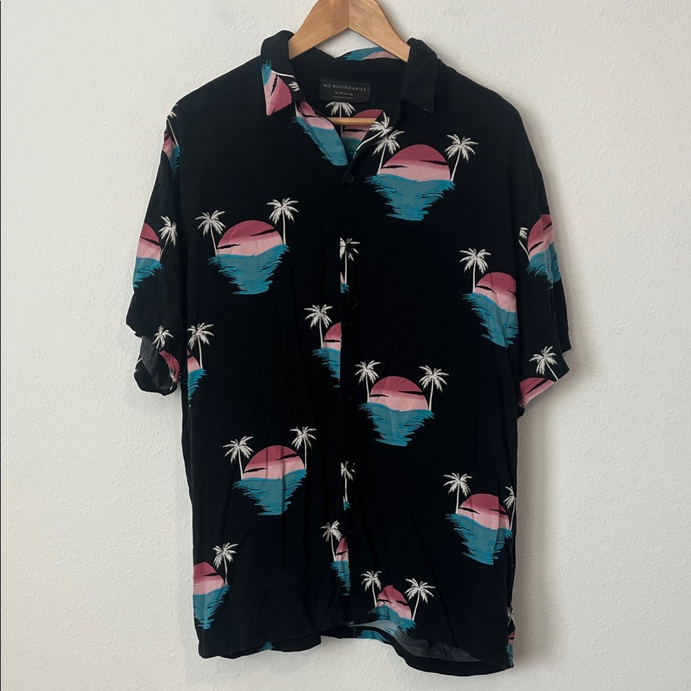 No Boundaries Black Sunset Print Short Sleeve Button Down Shirt